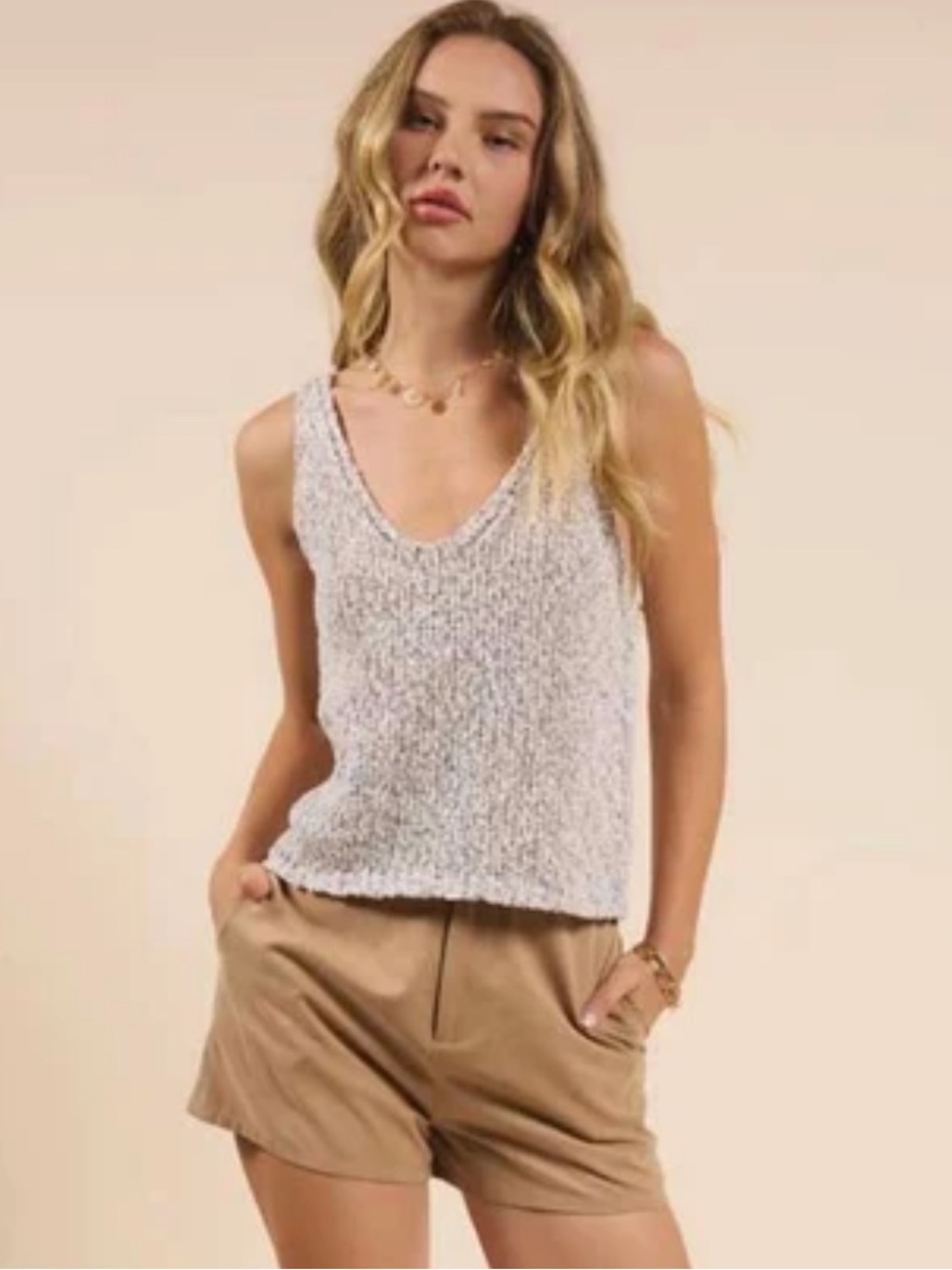 Sadie & Sage Luna V-Neck Brown Cream Marled Textured Knit Cropped Sweater Tank